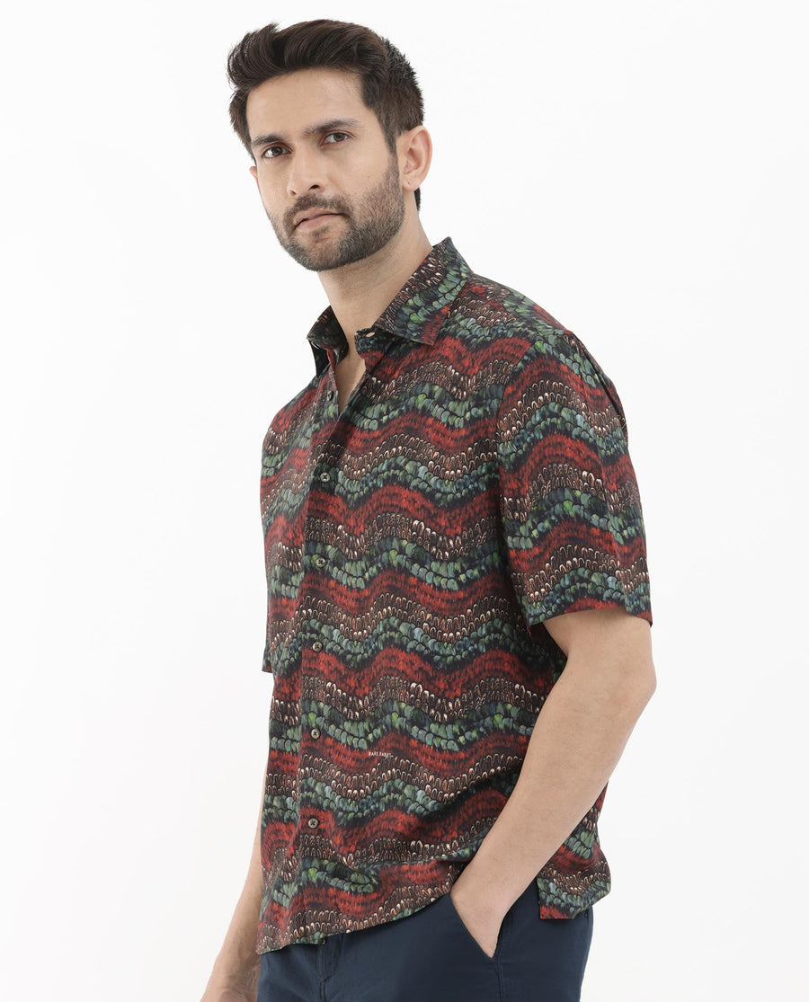 Rare Rabbit Men's Fraks Brown Viscose Tropical Print Boxy Fit Half Sleeve Spread Collar Shirt