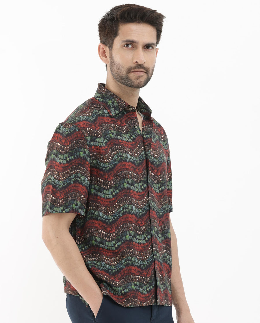 Rare Rabbit Men's Fraks Brown Viscose Tropical Print Boxy Fit Half Sleeve Spread Collar Shirt