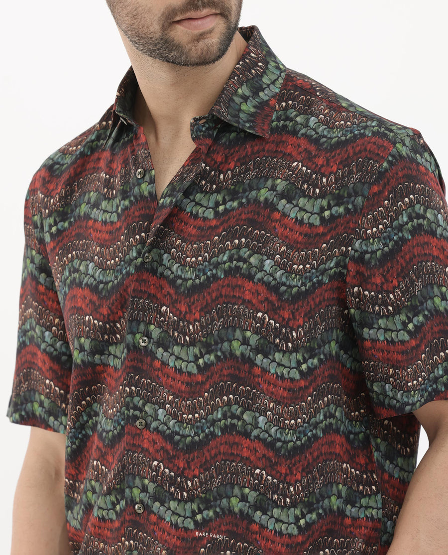Rare Rabbit Men's Fraks Brown Viscose Tropical Print Boxy Fit Half Sleeve Spread Collar Shirt