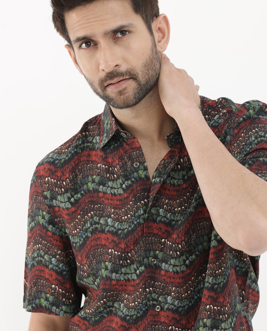 Rare Rabbit Men's Fraks Brown Viscose Tropical Print Boxy Fit Half Sleeve Spread Collar Shirt