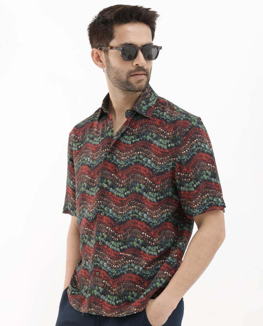 Rare Rabbit Men's Fraks Brown Viscose Tropical Print Boxy Fit Half Sleeve Spread Collar Shirt
