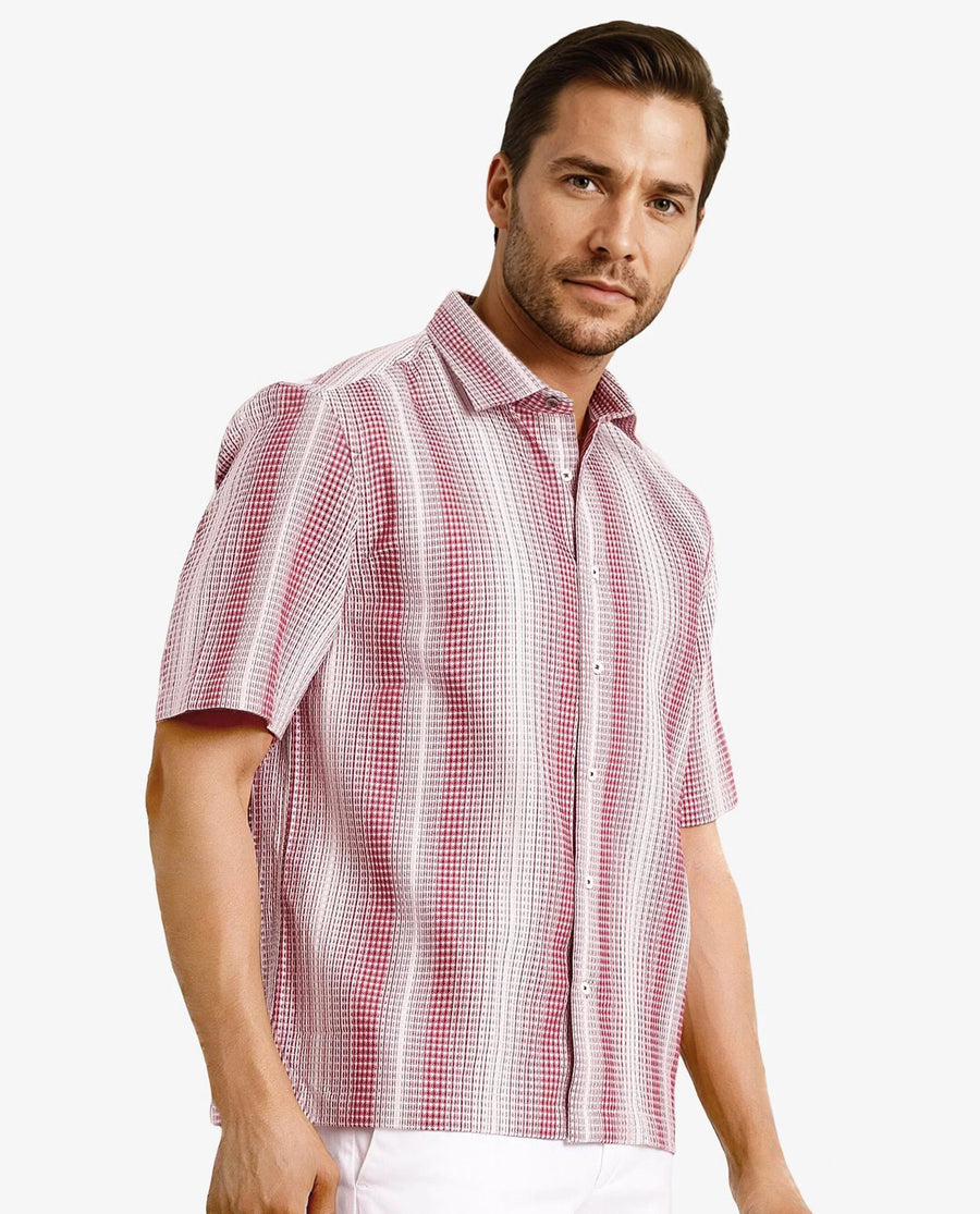 Rare Rabbit Men's Frawla Red Cotton Striped Print Boxy Fit Half Sleeve Collared Shirt