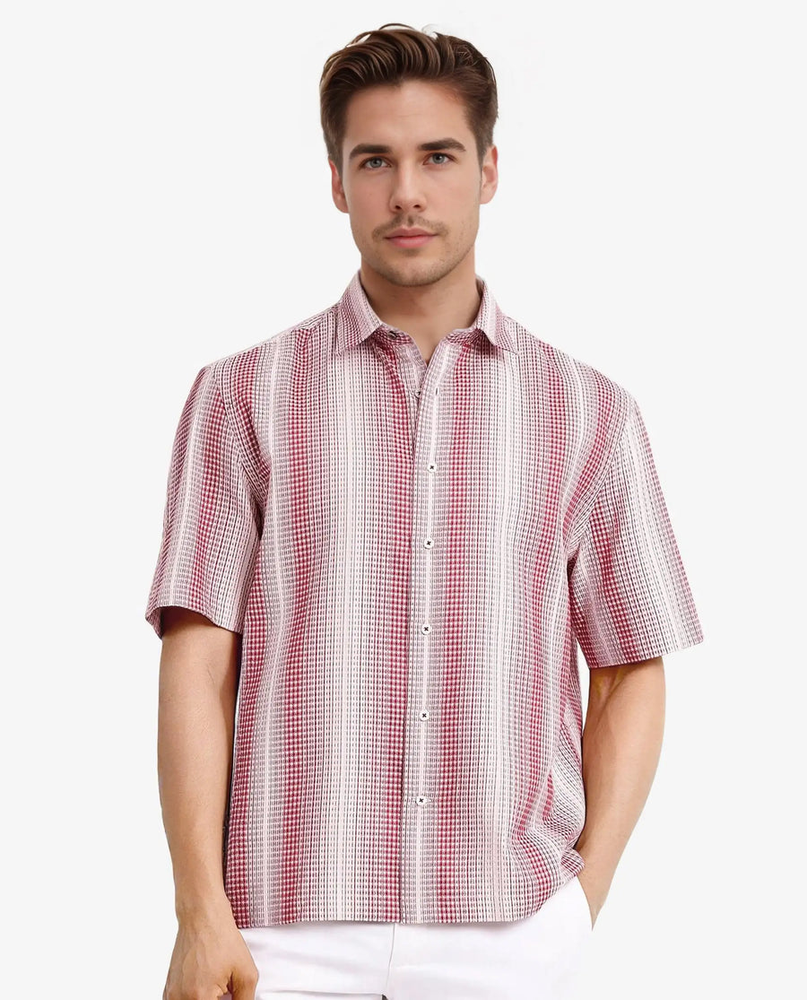 Rare Rabbit Men's Frawla Red Cotton Striped Print Boxy Fit Half Sleeve Collared Shirt