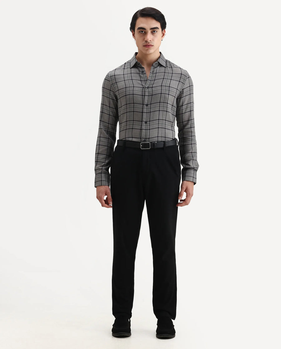 Rare Rabbit Men's Fredo-2 Grey Tencel Checked Print Regular Fit Full Sleeve Collared Shirt