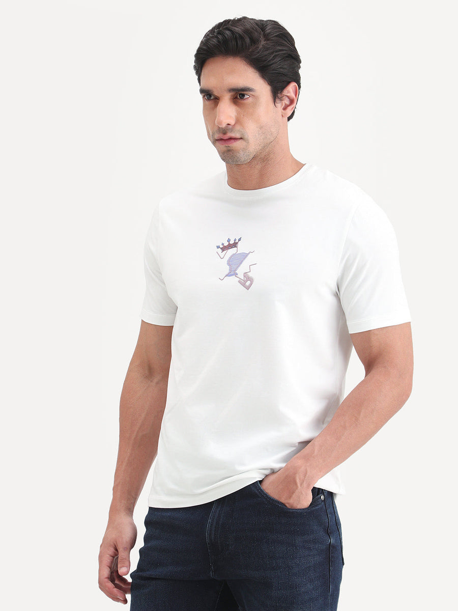 Rare Rabbit Men's Friend-2 Off White Cotton Blend Half Sleeve Crew Neck Regular Fit Graphic Print T-Shirt