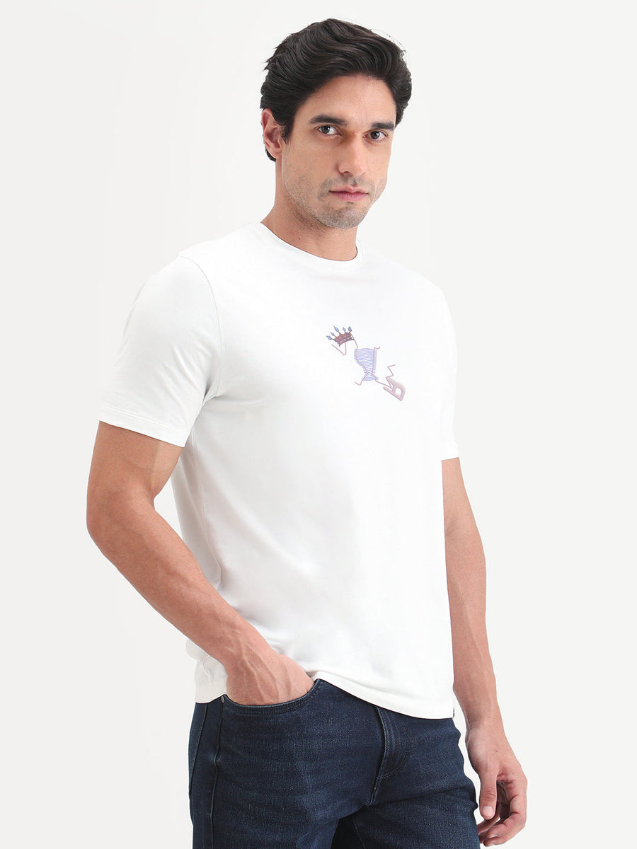 Rare Rabbit Men's Friend-2 Off White Cotton Blend Half Sleeve Crew Neck Regular Fit Graphic Print T-Shirt