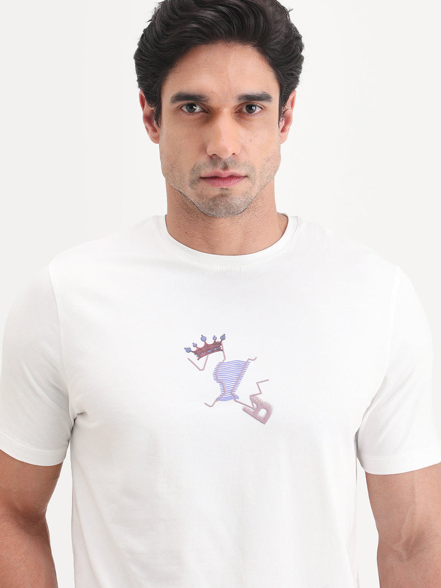 Rare Rabbit Men's Friend-2 Off White Cotton Blend Half Sleeve Crew Neck Regular Fit Graphic Print T-Shirt