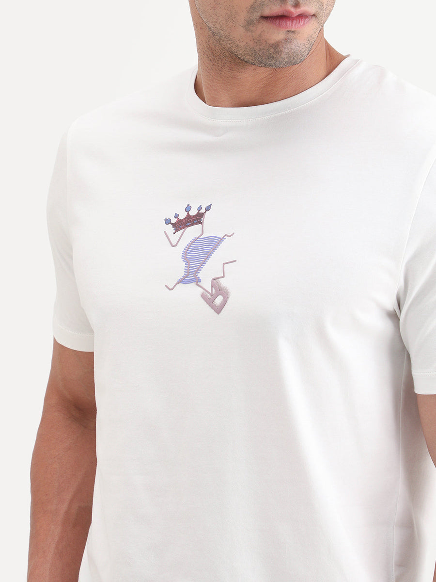 Rare Rabbit Men's Friend-2 Off White Cotton Blend Half Sleeve Crew Neck Regular Fit Graphic Print T-Shirt