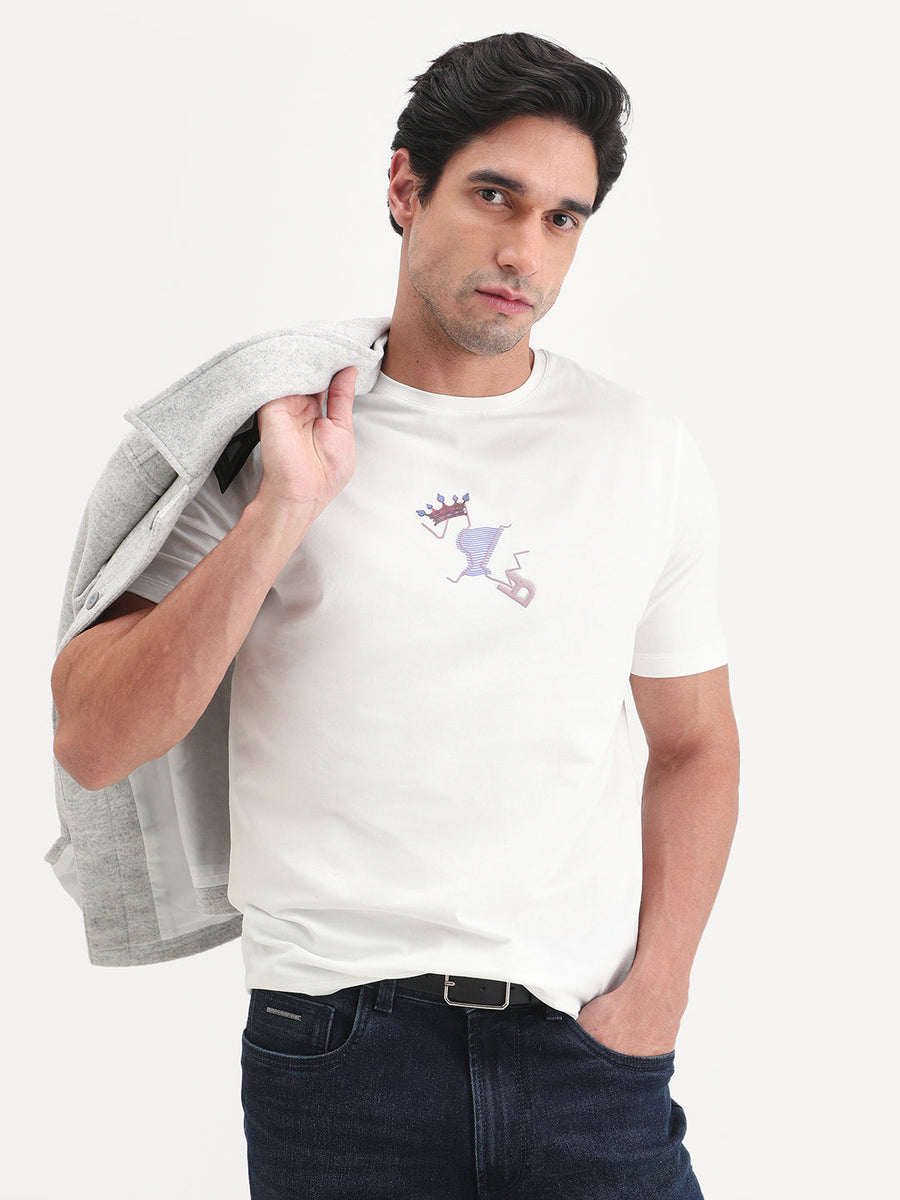 Rare Rabbit Men's Friend-2 Off White Cotton Blend Half Sleeve Crew Neck Regular Fit Graphic Print T-Shirt