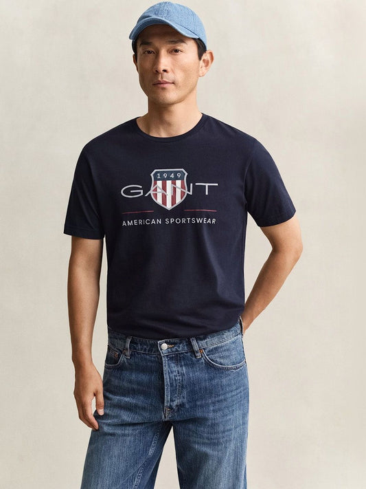 Gant Men Navy Blue Printed Regular Fit Archieve Shield T-Shirt