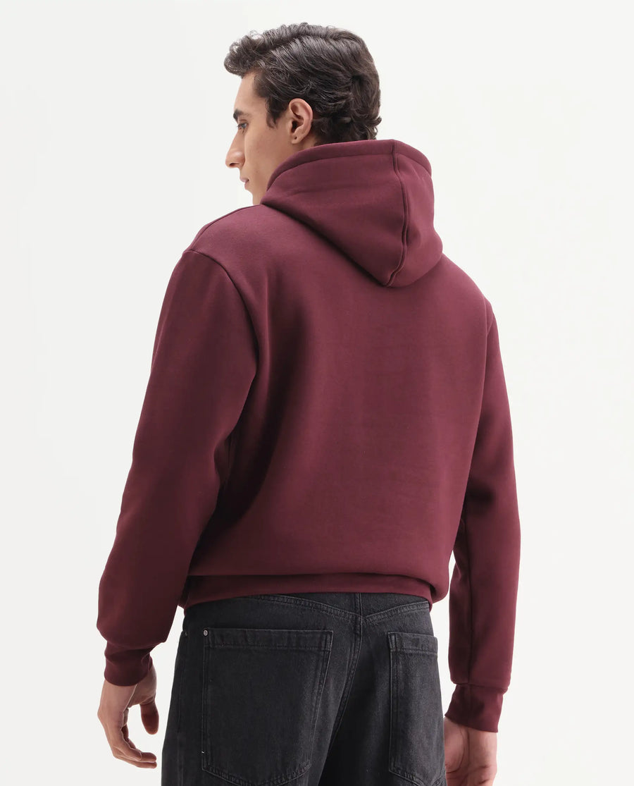 Rare Rabbit Men's Gabbs Dark Maroon Cotton Blend Fabric Full Sleeves Hooded Embroidered Sweatshirt