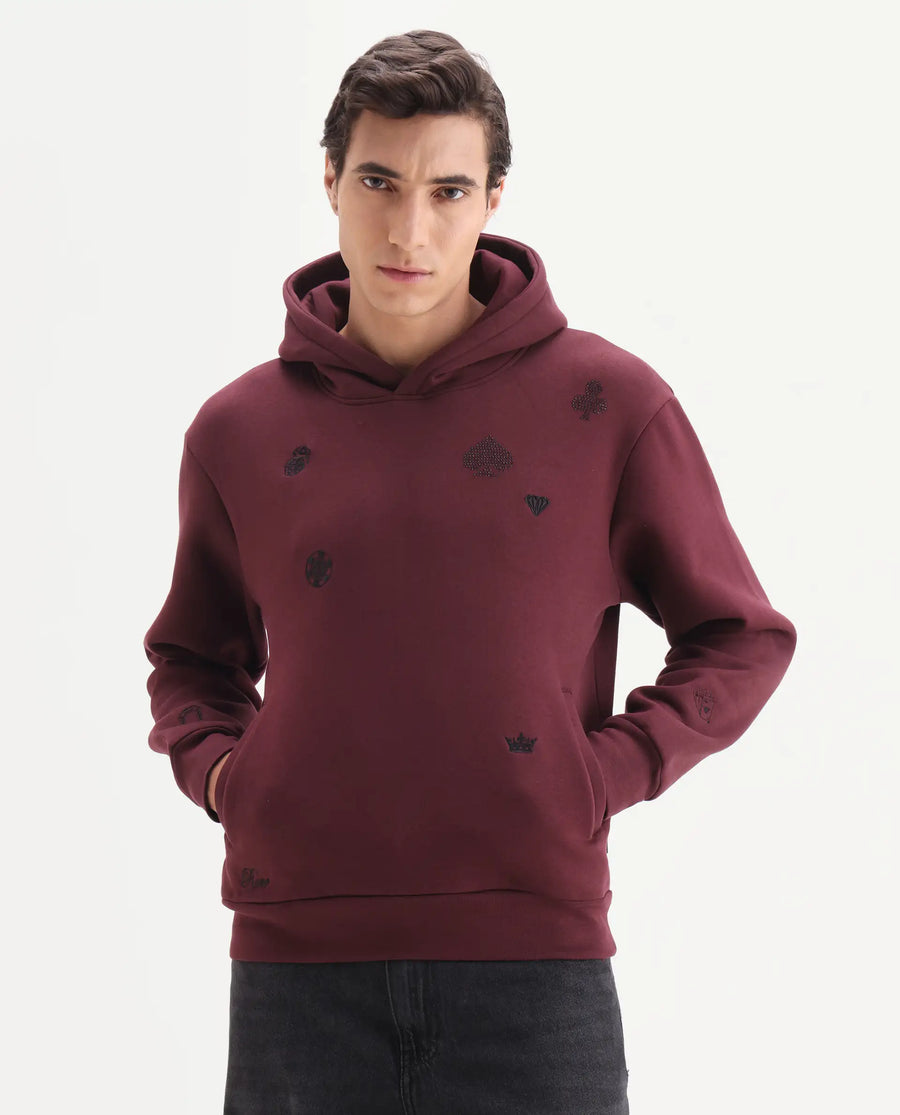 Rare Rabbit Men's Gabbs Dark Maroon Cotton Blend Fabric Full Sleeves Hooded Embroidered Sweatshirt
