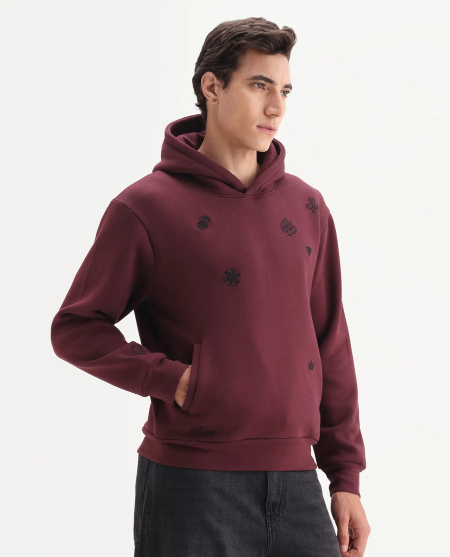 Rare Rabbit Men's Gabbs Dark Maroon Cotton Blend Fabric Full Sleeves Hooded Embroidered Sweatshirt
