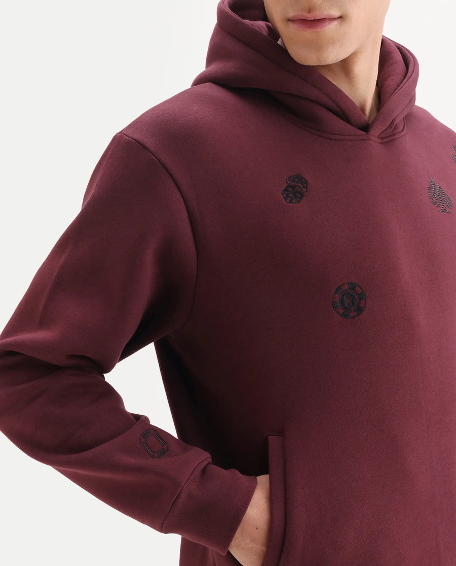 Rare Rabbit Men's Gabbs Dark Maroon Cotton Blend Fabric Full Sleeves Hooded Embroidered Sweatshirt