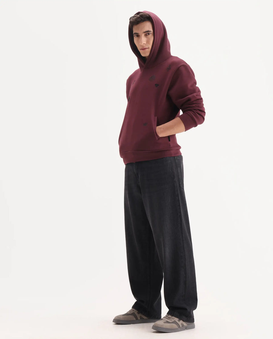 Rare Rabbit Men's Gabbs Dark Maroon Cotton Blend Fabric Full Sleeves Hooded Embroidered Sweatshirt