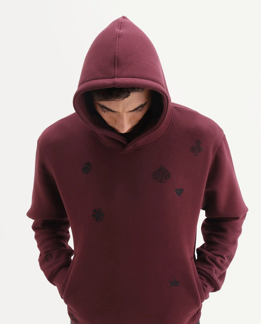 Rare Rabbit Men's Gabbs Dark Maroon Cotton Blend Fabric Full Sleeves Hooded Embroidered Sweatshirt