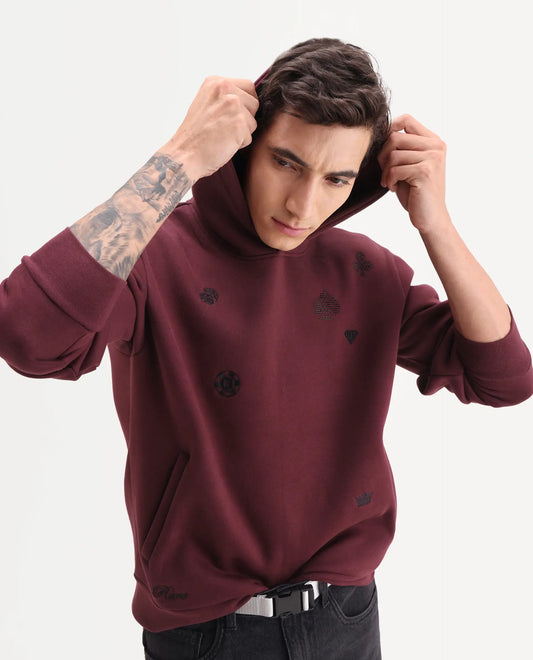 Rare Rabbit Men's Gabbs Dark Maroon Cotton Blend Fabric Full Sleeves Hooded Embroidered Sweatshirt