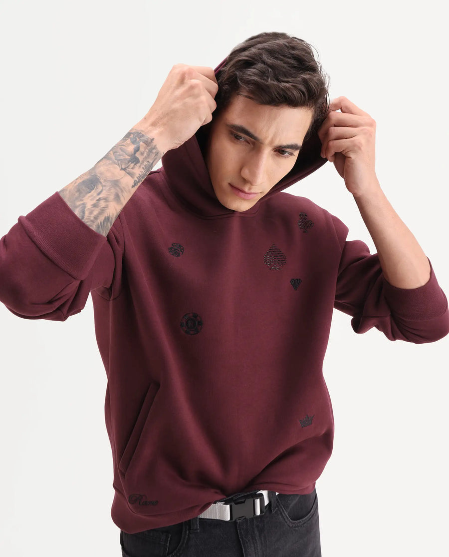 Rare Rabbit Men's Gabbs Dark Maroon Cotton Blend Fabric Full Sleeves Hooded Embroidered Sweatshirt