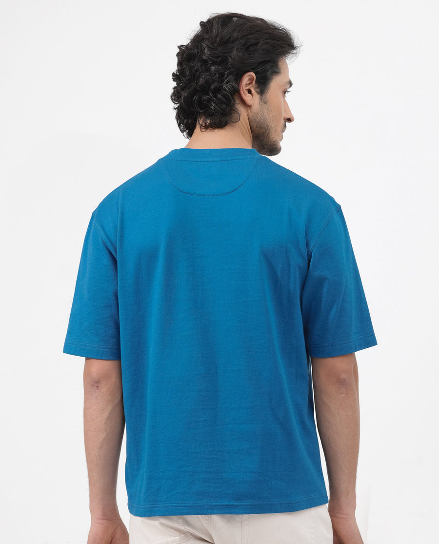 Rare Rabbit Men's Gallos Blue Cotton Plain Oversized Fit Half Sleeve Crew Neck T-Shirt