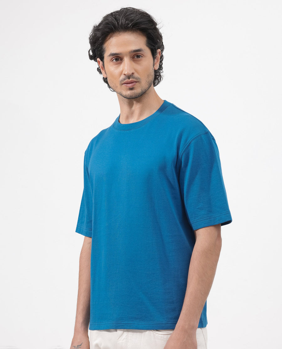 Rare Rabbit Men's Gallos Blue Cotton Plain Oversized Fit Half Sleeve Crew Neck T-Shirt