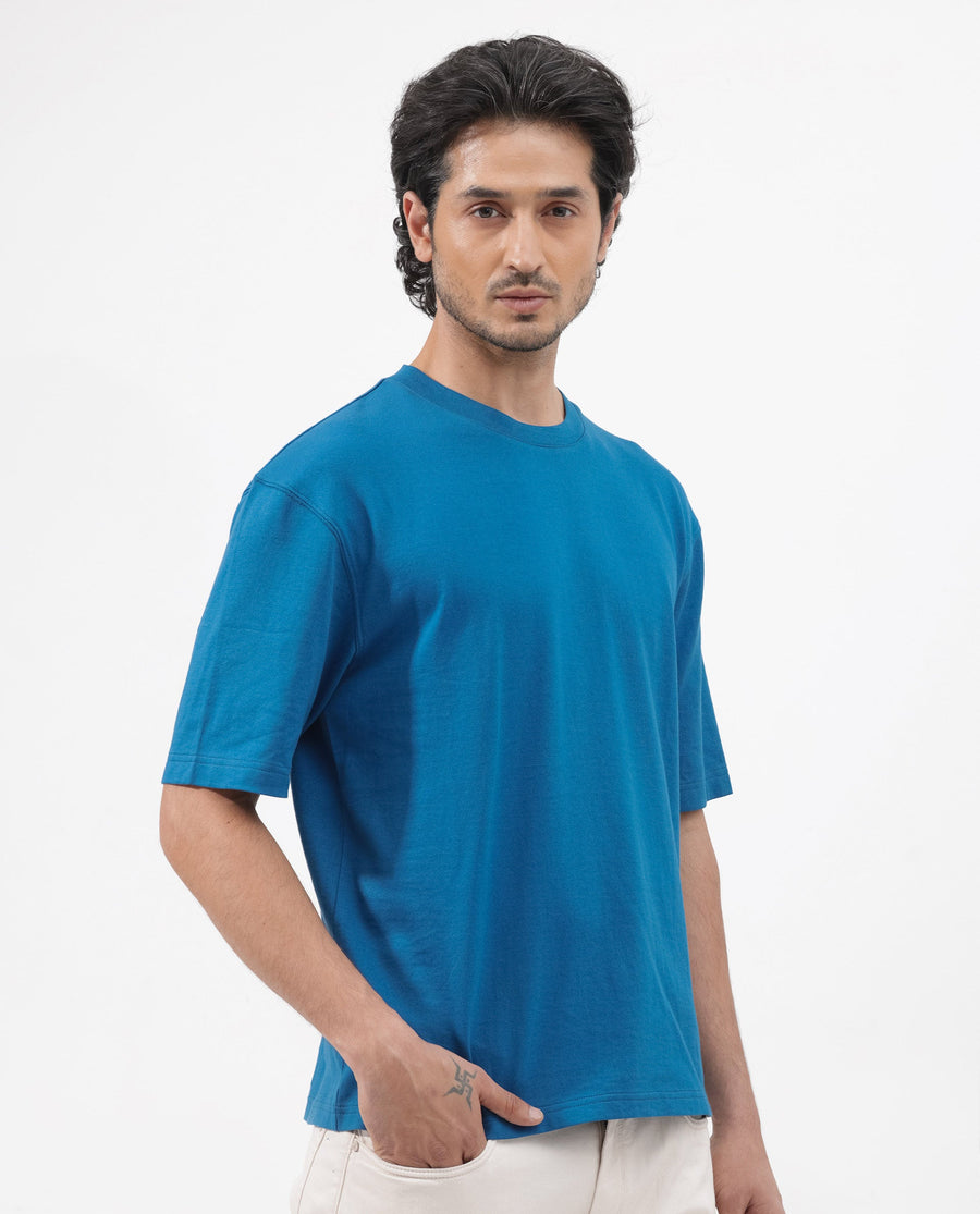 Rare Rabbit Men's Gallos Blue Cotton Plain Oversized Fit Half Sleeve Crew Neck T-Shirt