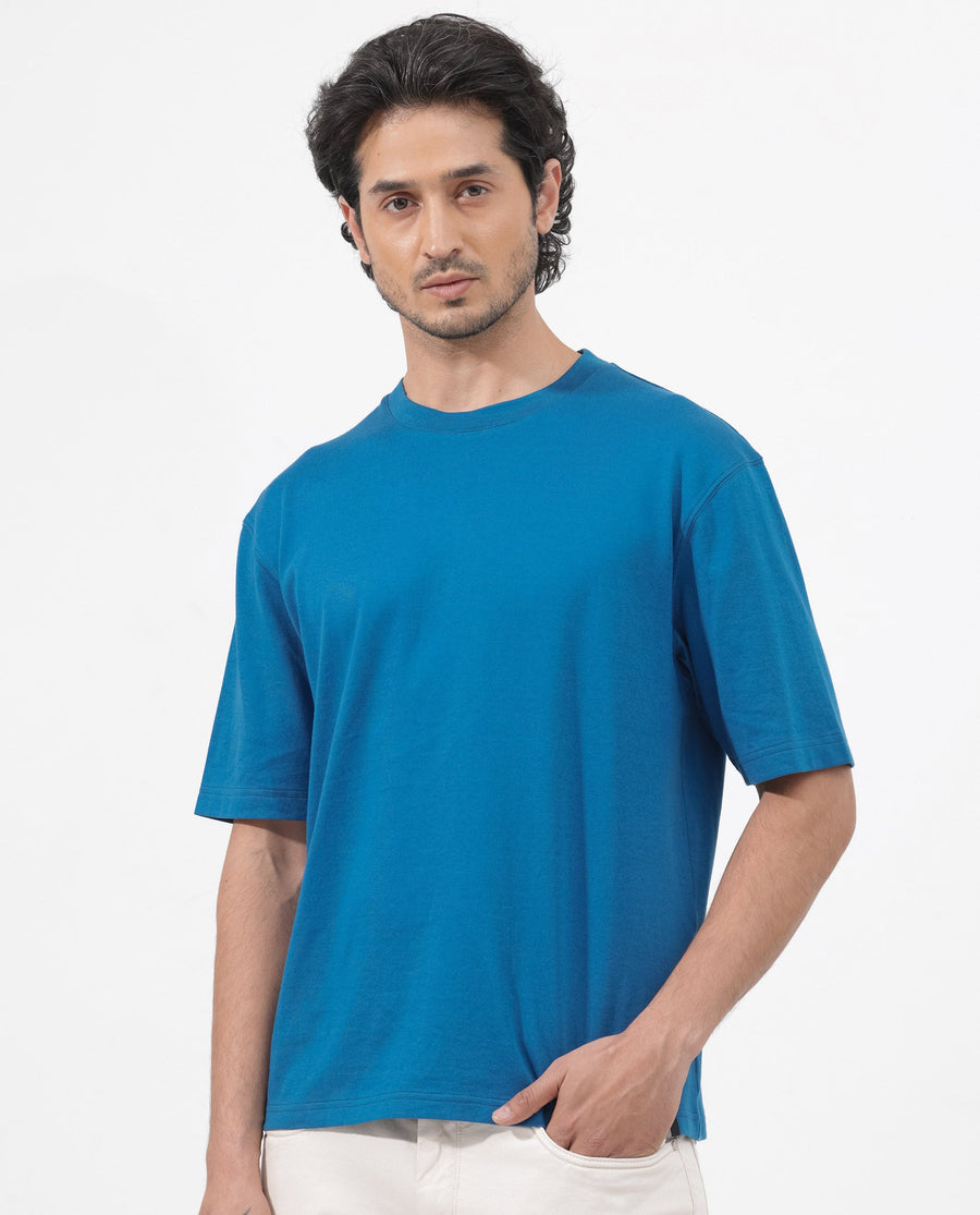 Rare Rabbit Men's Gallos Blue Cotton Plain Oversized Fit Half Sleeve Crew Neck T-Shirt