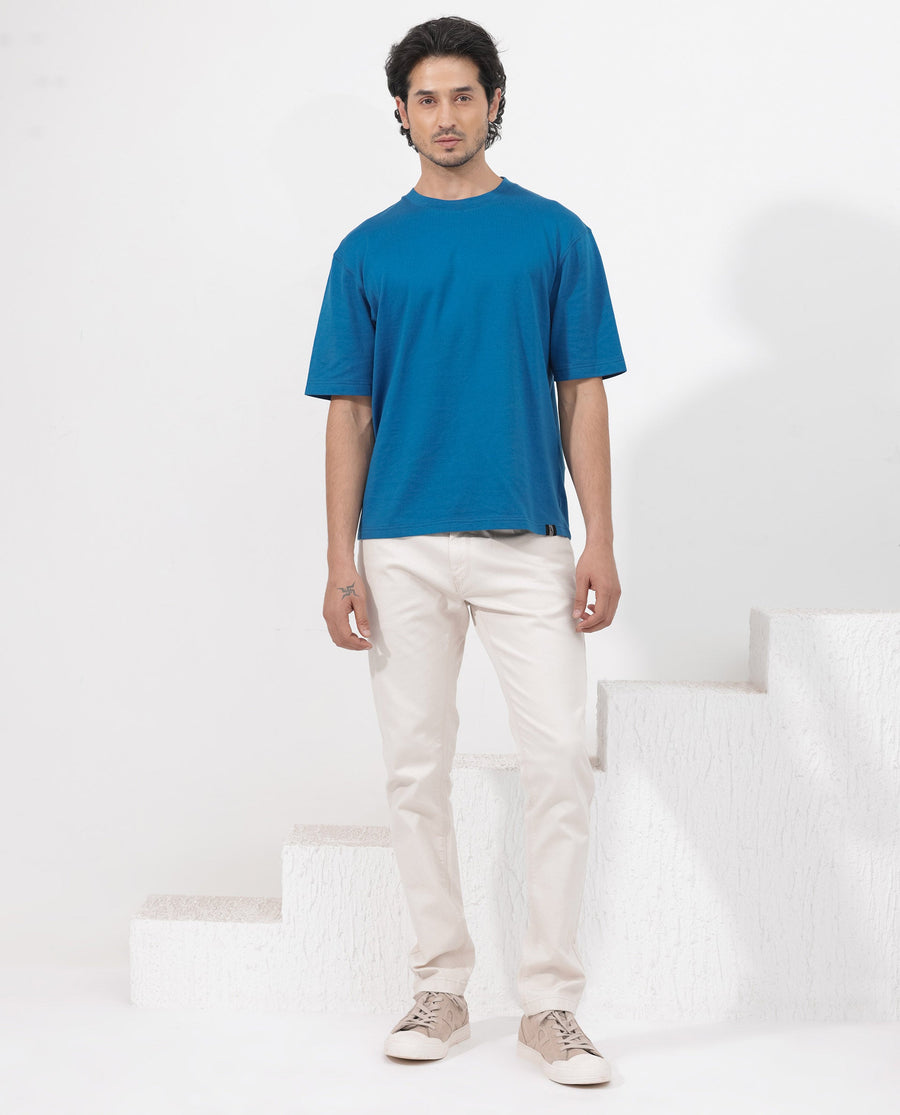 Rare Rabbit Men's Gallos Blue Cotton Plain Oversized Fit Half Sleeve Crew Neck T-Shirt