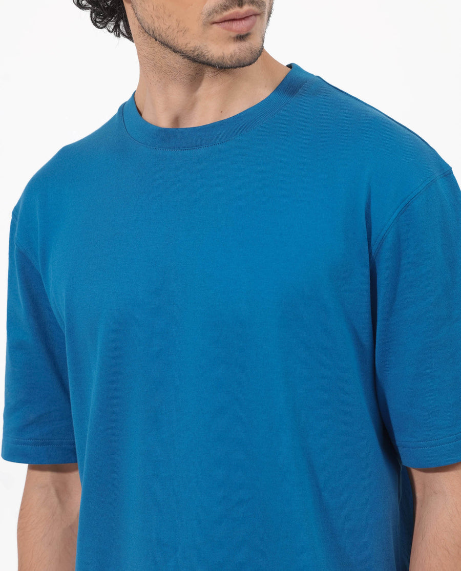 Rare Rabbit Men's Gallos Blue Cotton Plain Oversized Fit Half Sleeve Crew Neck T-Shirt