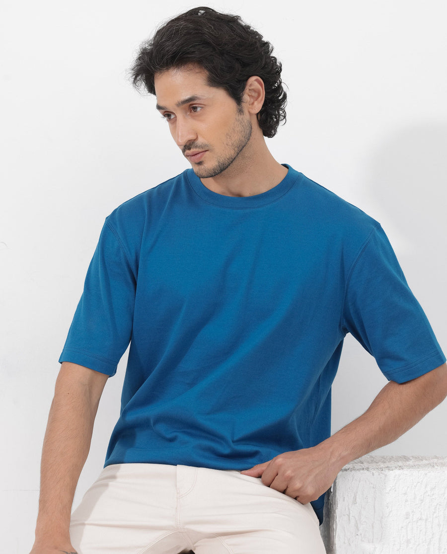 Rare Rabbit Men's Gallos Blue Cotton Plain Oversized Fit Half Sleeve Crew Neck T-Shirt