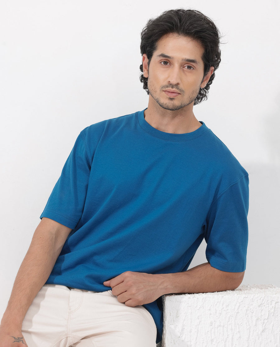 Rare Rabbit Men's Gallos Blue Cotton Plain Oversized Fit Half Sleeve Crew Neck T-Shirt