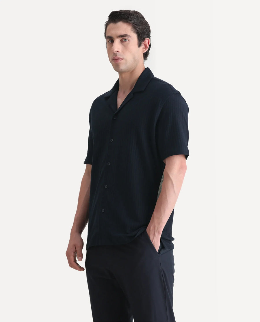 Rare Rabbit Men's Galo Navy Cotton Plain Relaxed Fit Half Sleeve Cuban Collar Shirt