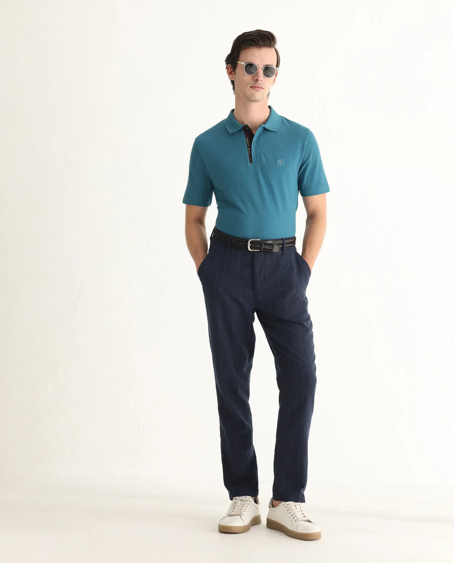 Rare Rabbit Men's Gamor Teal Cotton Blend Plain Regular Fit Half Sleeve Polo