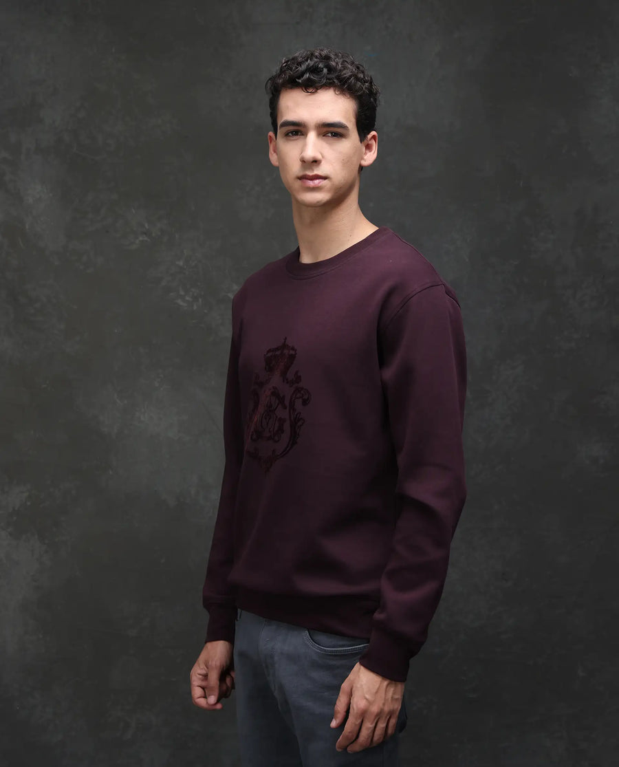 Rare Rabbit Men's Garon Dark Maroon Cotton Blend Graphic Print Relaxed Fit Full Sleeve Crew Neck Sweatshirt