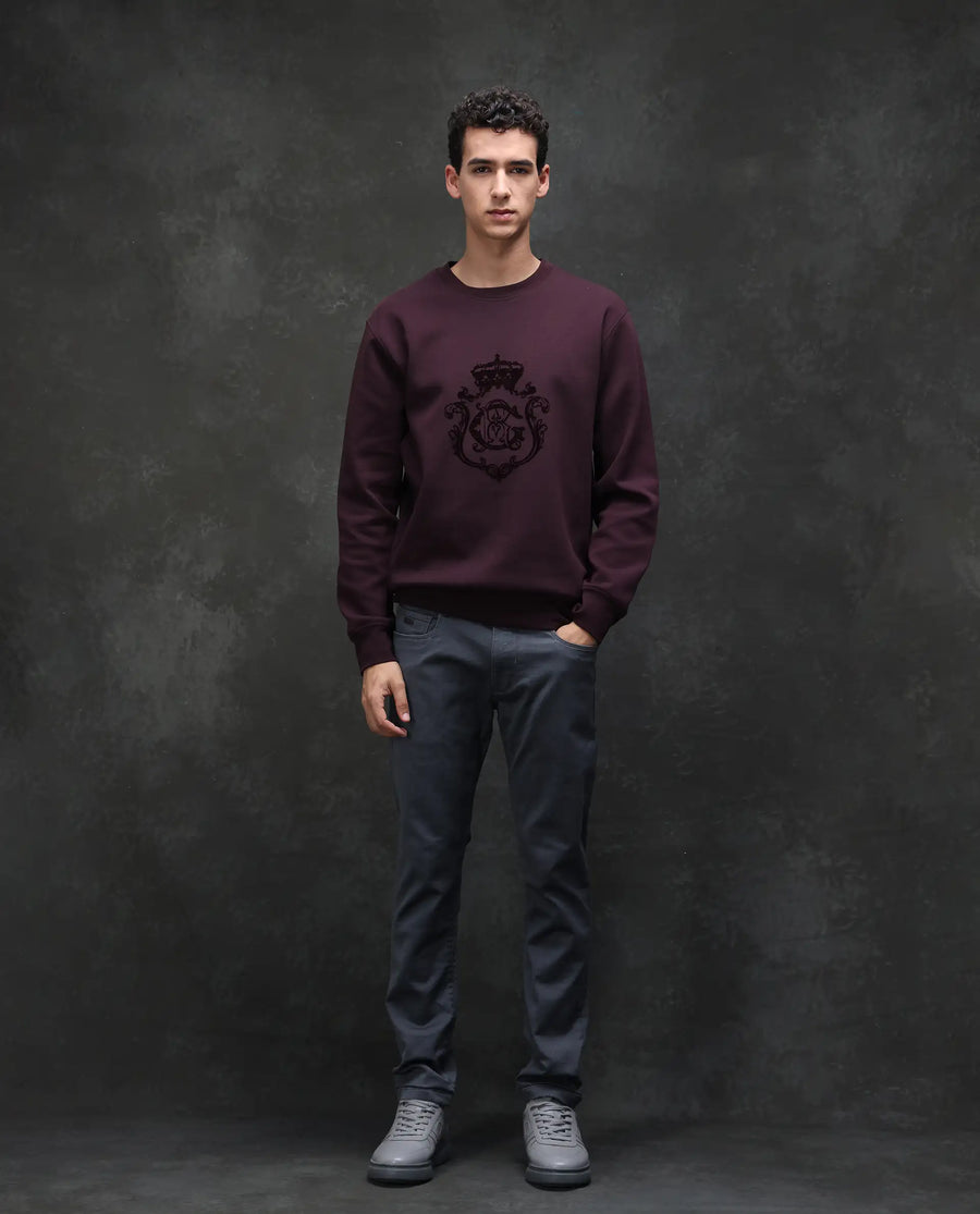 Rare Rabbit Men's Garon Dark Maroon Cotton Blend Graphic Print Relaxed Fit Full Sleeve Crew Neck Sweatshirt