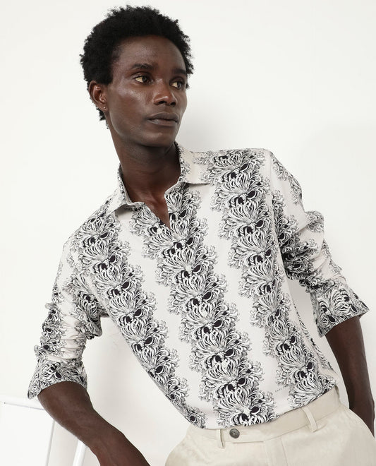Rare Rabbit Men's Gasta Ls Off White Viscose Floral Print Regular Fit Full Sleeve Collared Shirt