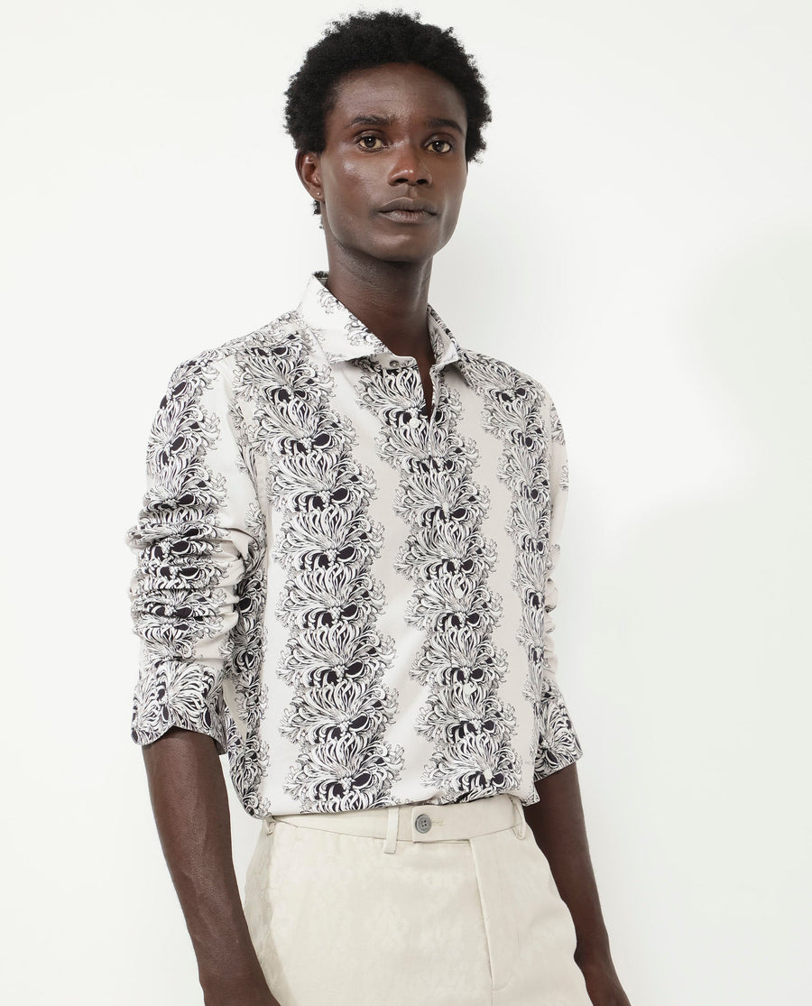 Rare Rabbit Men's Gasta Ls Off White Viscose Floral Print Regular Fit Full Sleeve Collared Shirt