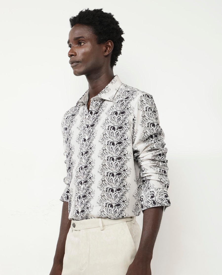 Rare Rabbit Men's Gasta Ls Off White Viscose Floral Print Regular Fit Full Sleeve Collared Shirt