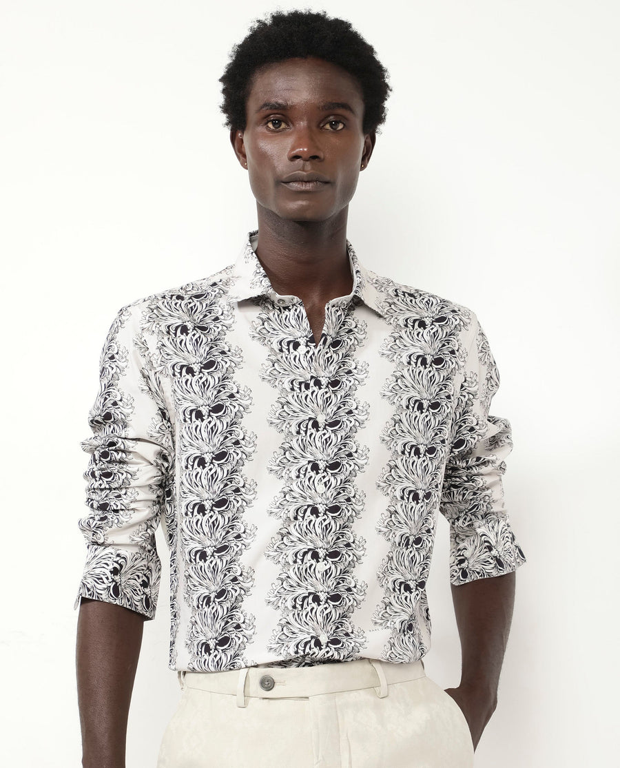 Rare Rabbit Men's Gasta Ls Off White Viscose Floral Print Regular Fit Full Sleeve Collared Shirt