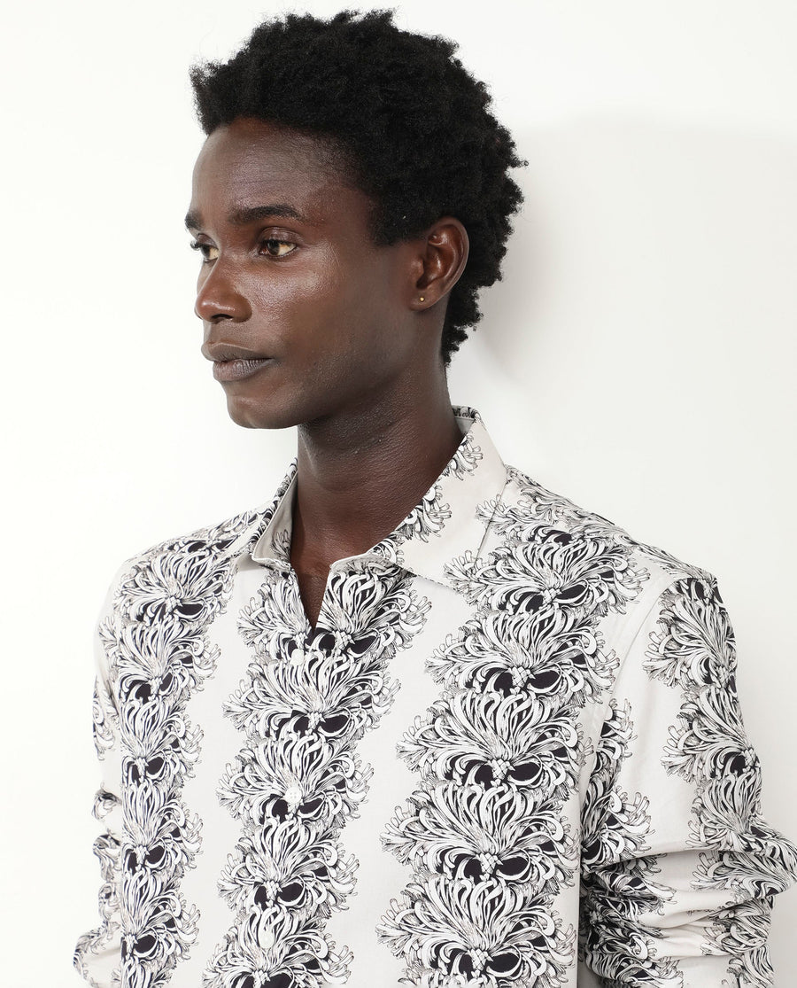Rare Rabbit Men's Gasta Ls Off White Viscose Floral Print Regular Fit Full Sleeve Collared Shirt