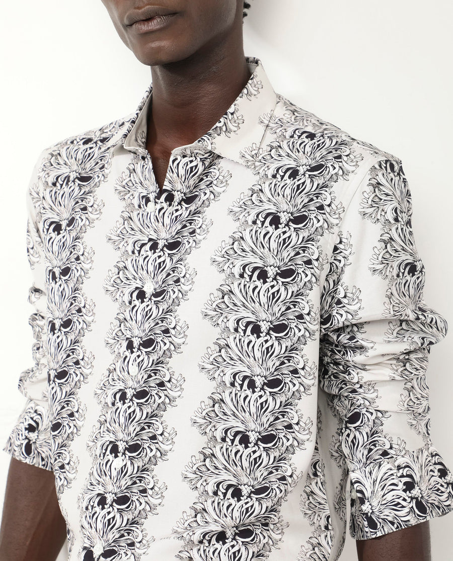 Rare Rabbit Men's Gasta Ls Off White Viscose Floral Print Regular Fit Full Sleeve Collared Shirt