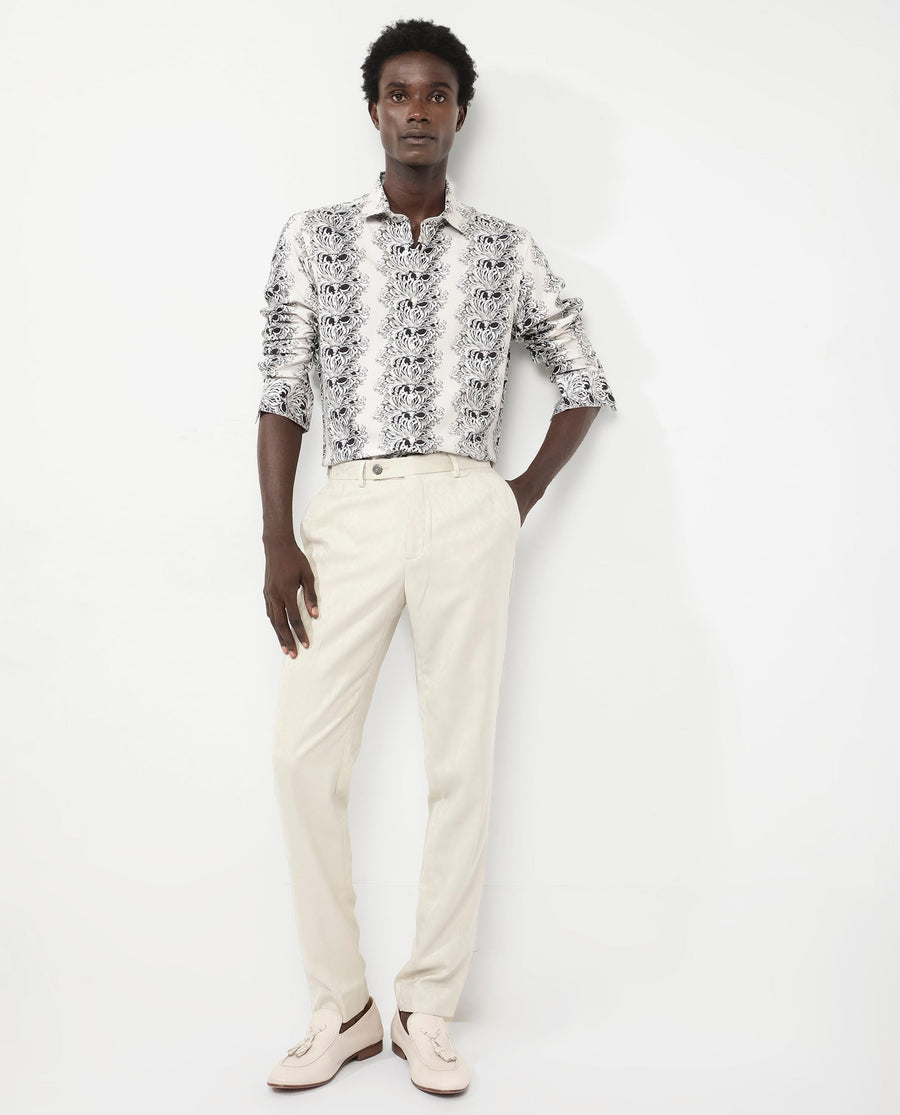 Rare Rabbit Men's Gasta Ls Off White Viscose Floral Print Regular Fit Full Sleeve Collared Shirt