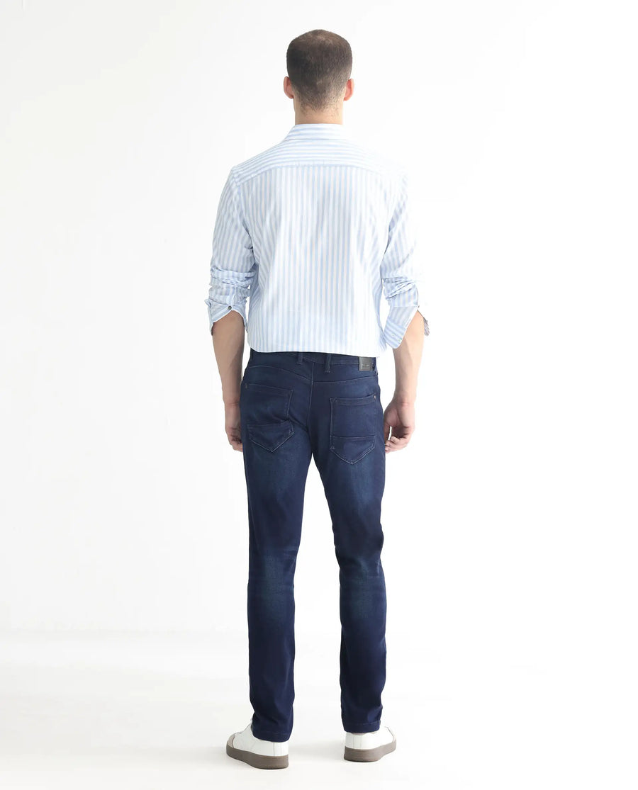 Rare Rabbit Men's Gaza Blue Cotton Plain Hawk Slim Fit Jeans