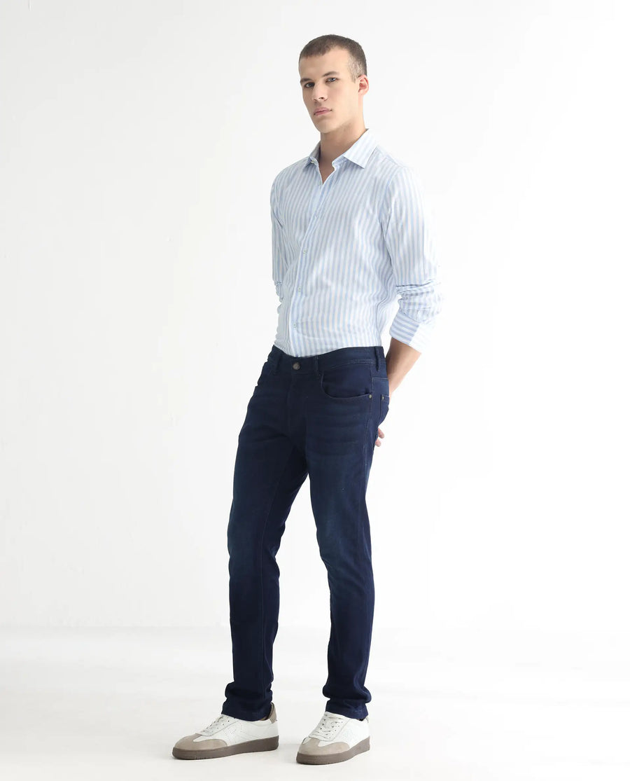 Rare Rabbit Men's Gaza Blue Cotton Plain Hawk Slim Fit Jeans