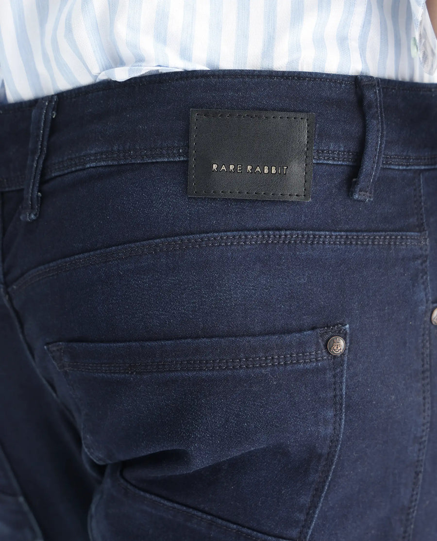 Rare Rabbit Men's Gaza Blue Cotton Plain Hawk Slim Fit Jeans