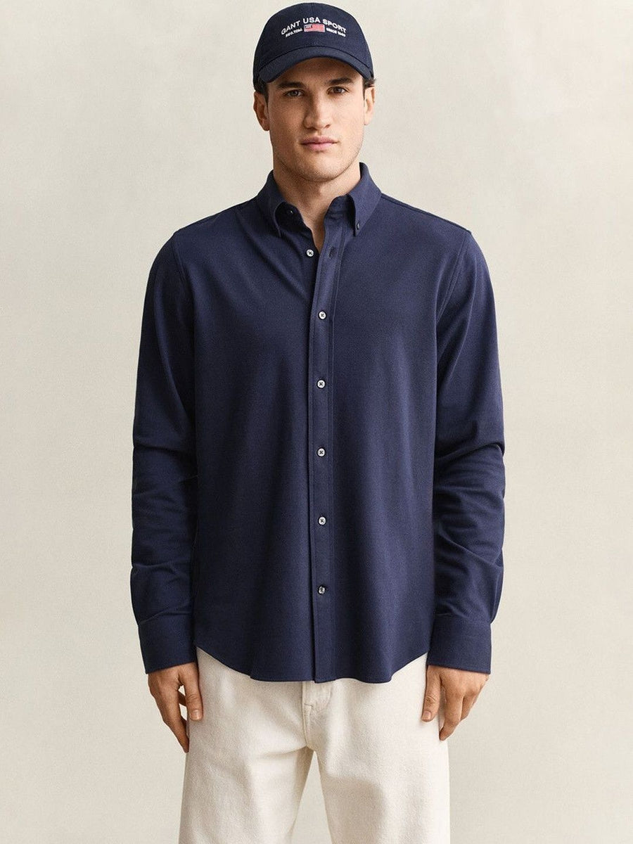 Gant Men Navy Blue Solid Regular Fit Pique Shirt