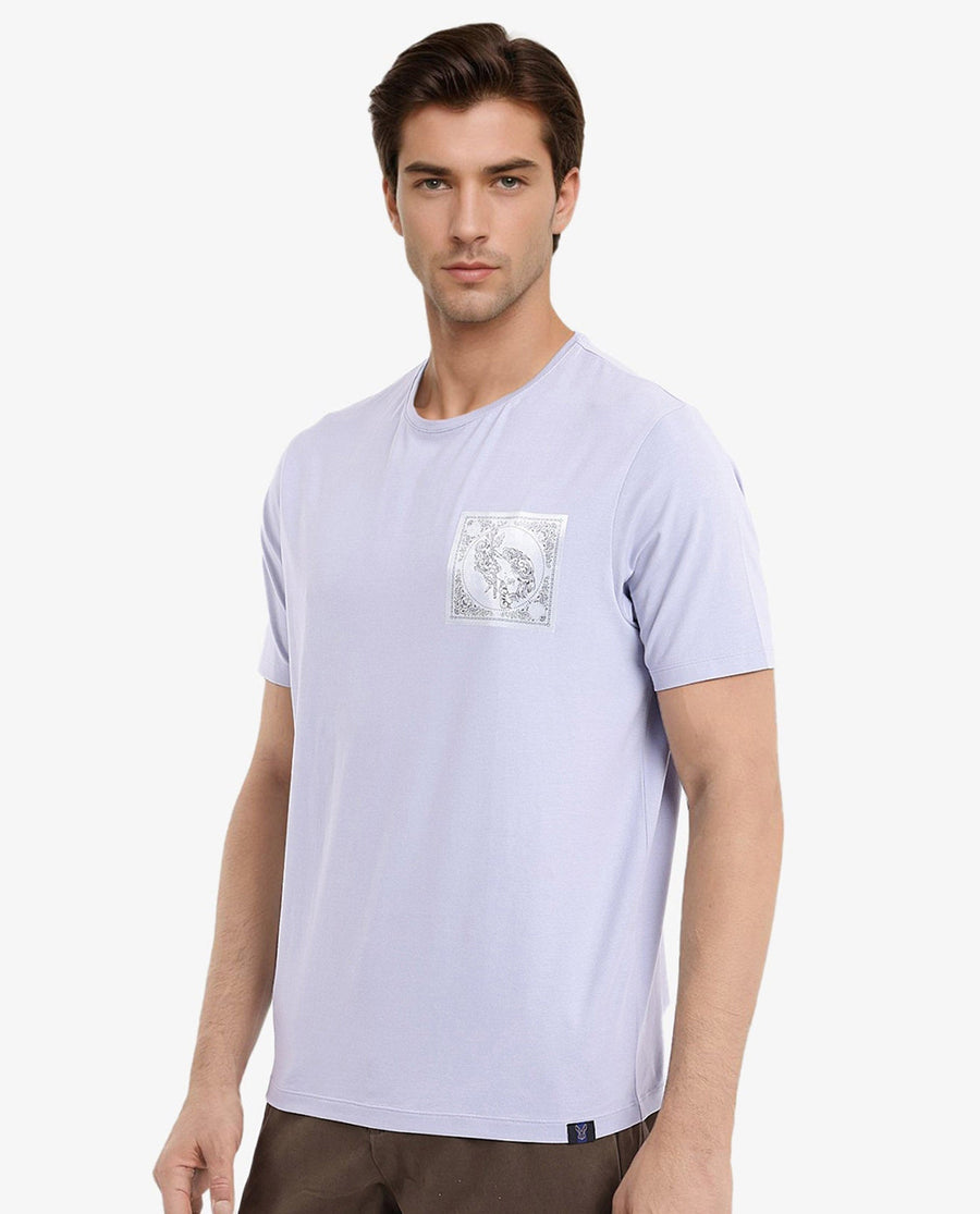 Rare Rabbit Men's Gino Blue Cotton Graphic Print Regular Fit Half Sleeve Crew Neck T-Shirt
