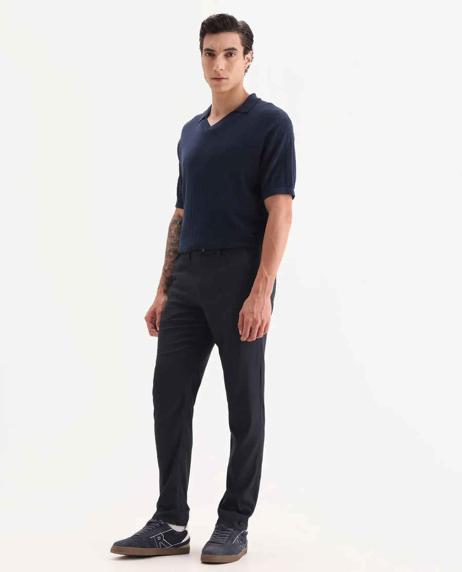 Rare Rabbit Men's Glade Dark Navy Viscose Plain Slim Fit Trouser