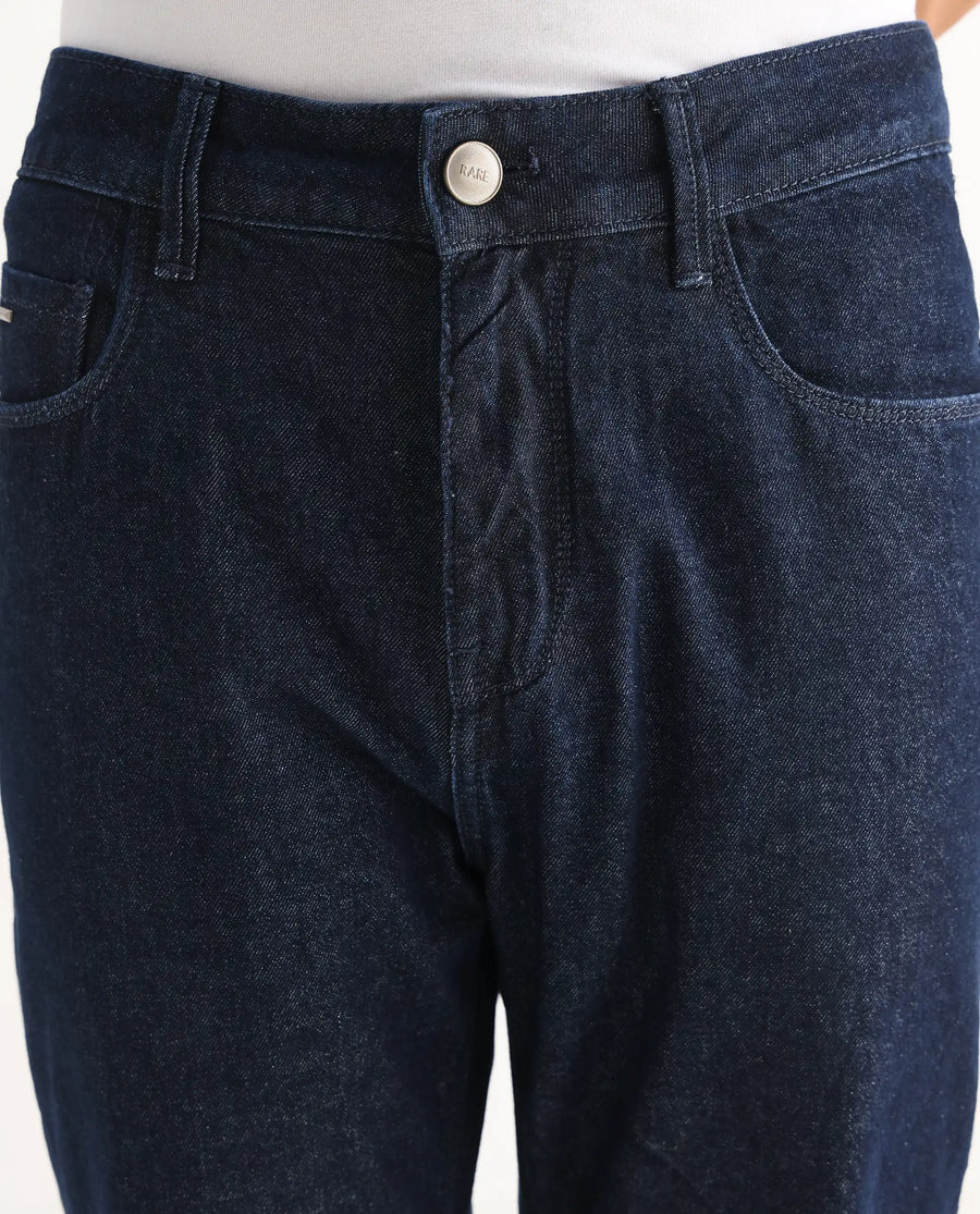 Rare Rabbit Men's Gleb Dark Blue Cotton Plain Kurt Carrot Fit Jeans
