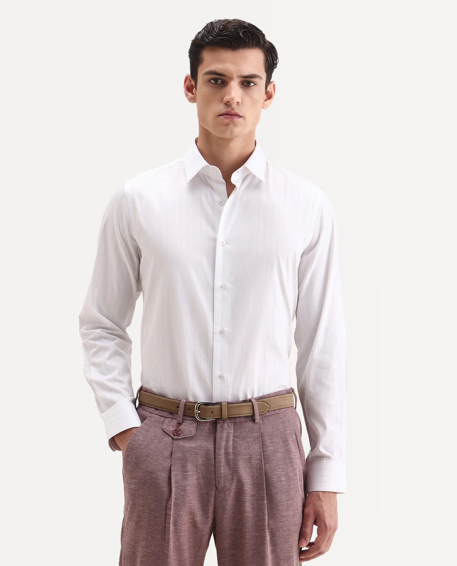 Rare Rabbit Men's Glin Purple Cotton Fabric Collared Neck Regular Fit Striped Shirt