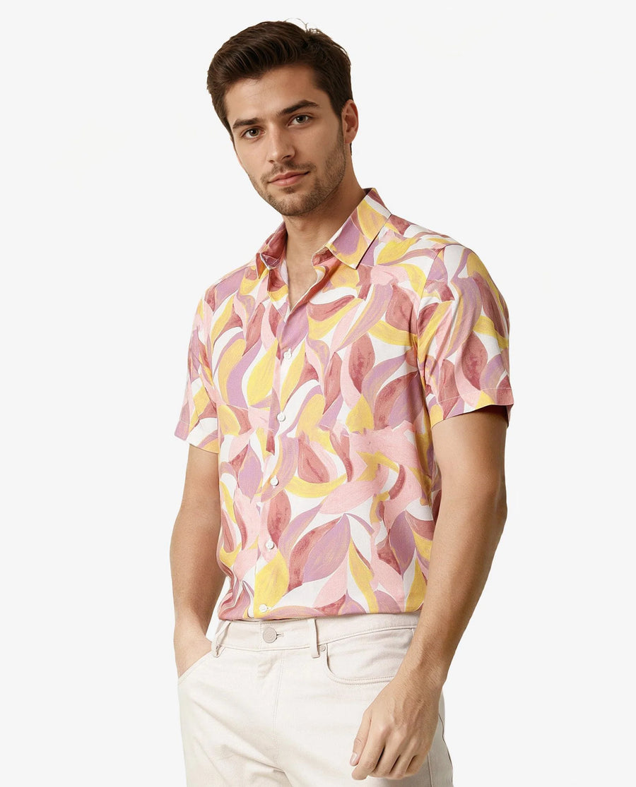 Rare Rabbit Men's Grafe Beige Viscose Tropical Print Regular Fit Half Sleeve Collared Shirt